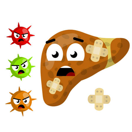 Bad Liver. Medical Disease of human internal organ. Attack germs and cirrhosis of liver with plaster. Evil emotions virus with green, red, orange face. Funny cartoon flat illustration. health problemのイラスト素材