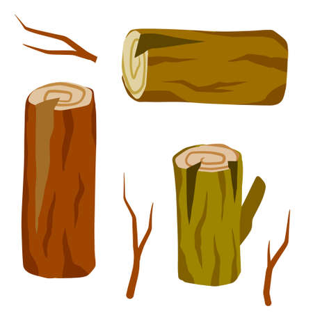 Various wood logs and trunks. wooden forest branch. flat cartoon isolated on whiteのイラスト素材