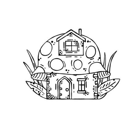 Mushroom house. Fairy tale children drawing. Fabulous natural dwelling. Cute cartoon illustration for coloring bookのイラスト素材