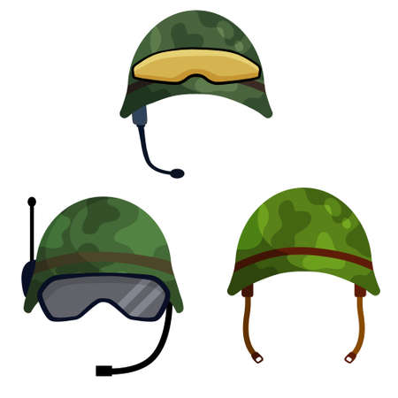 Military helmet of a modern soldier. Green protective cap. Set of Ammunition and uniforms with glasses. flat cartoonのイラスト素材