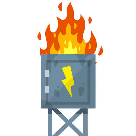 Damaged Switchboard. cartoon flat illustration. Fuse and electrical engineering. Danger situation - fire. high voltage sensor. Electrical wires in box. technical industrial applianceのイラスト素材