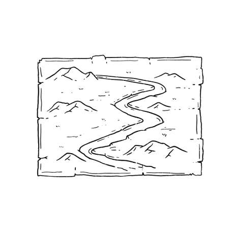 Old map with hill and mountains in engraving style. Landscape rocky peak and nature. Medieval old manuscriptのイラスト素材