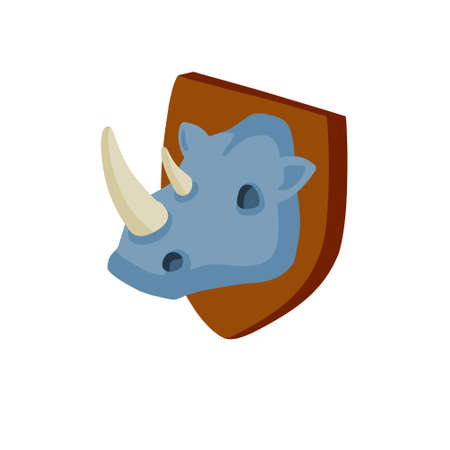 head of rhinoceros. African rhino. Hunting animal trophy on wooden shield. Decoration for hunter wall. flat cartoon illustrationのイラスト素材