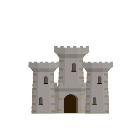 Medieval European stone castle. Knight fortress. Concept of security, protection and defense. cartoon flat illustration. Military building with walls, gates and big tower.のイラスト素材