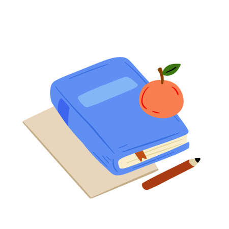 Book in cartoon style. education and knowledge. closed cover. Modern trendy design. Writing materials and apple. Details of school and studyのイラスト素材