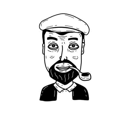 Sea Captain in hand-drawn style. male character. Sketch and cartoon of man in cap with smoking pipe. Funny fishermanのイラスト素材