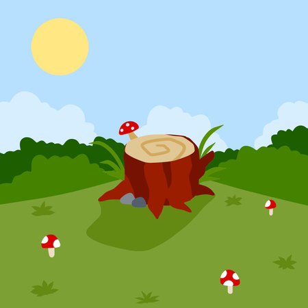 Stump in forest meadow. green field with grass. background for child drawing. summer nature. Funny scene or areaのイラスト素材