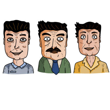 Adult man in hand-drawn style. Set of Outline male character. sketch and cartoon headのイラスト素材