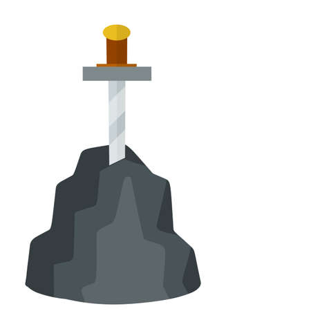 Legendary Excalibur. Knight and king Arthur test element. Medieval weapons and rock. cartoon flat illustration. Sword in stone. English mythology and fairy taleのイラスト素材