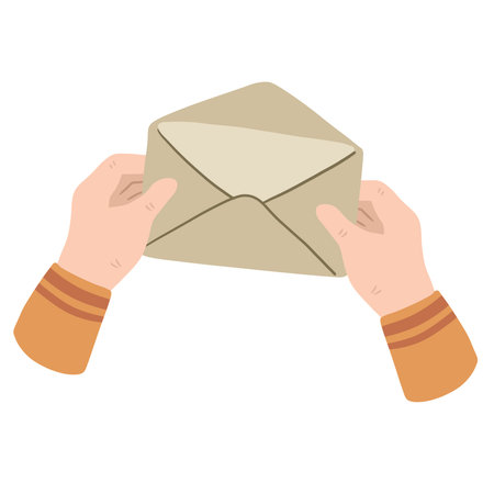 Hand holding letter. Envelope with greeting. Cute illustration of postcrossing. handmade paper. flat cartoonのイラスト素材