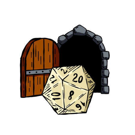 Dungeon and dragons board game. 20 sided dice and entrance to castle. Stone medieval door. RPG Adventures.のイラスト素材