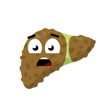 sad liver. Emotions on face of character. Bad of medical condition of human organs. funny flat...
