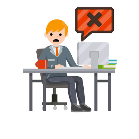 Sad office worker under stress. Cartoon flat illustration. Man sitting at computer. error message is bug and virus. access is closed. Work for service repairのイラスト素材