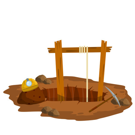 Mine. Hole in ground, rocks, pickaxe, miners helmet. Extraction of minerals.のイラスト素材