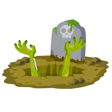 Grave. Hole in brown ground. Green hands of dead zombie.のイラスト素材