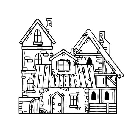 Old medieval castle with gate. European cartoon city. Fairy tale fortress with tower.のイラスト素材