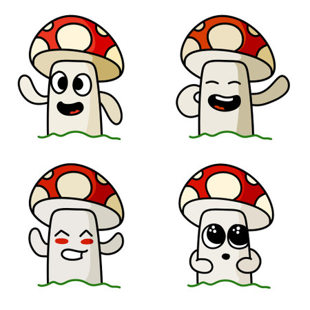 Mushroom character. Funny children drawing with red cap. Cute outline cartoon illustration isolated on whiteのイラスト素材