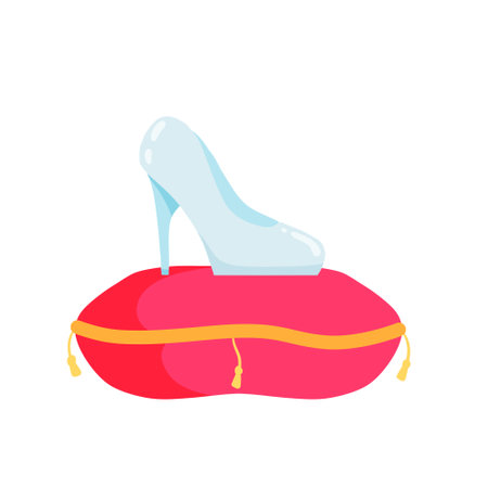 Crystal slipper on red pillow. Luxurious cushion, fabulous coronation. Glass shoes fairy tales.のイラスト素材