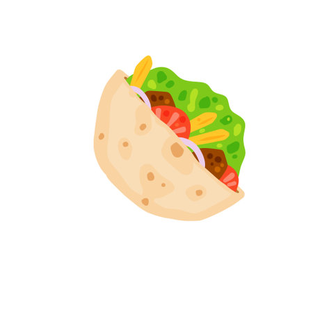 Kebab in pit. Mediterranean Bread with meat and vegetables. Turkish street food. Flat cartoon illustration isolated on whiteのイラスト素材