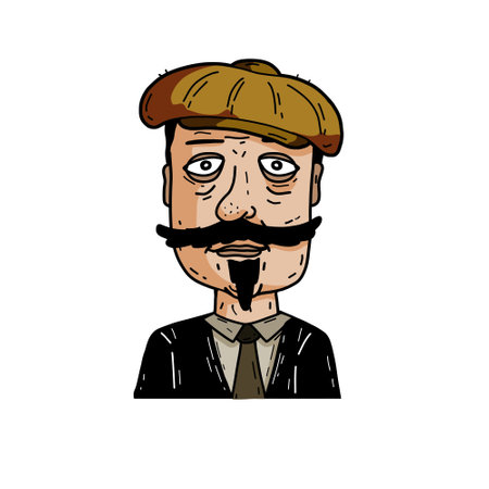 Gentleman in hand-drawn style. male character. Sketch and cartoon of man in cap and with beard.のイラスト素材