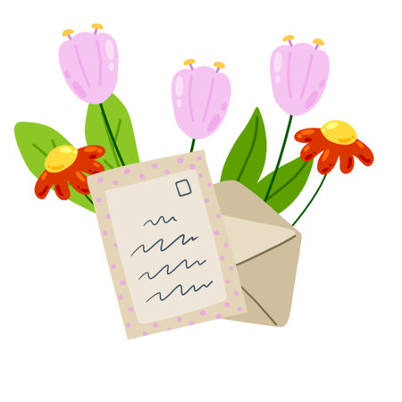 Envelope with letter in craft paper with green plant and flower. greetings and correspondence. handmade sheet with mail. postal invitation. cartoon illustrationのイラスト素材