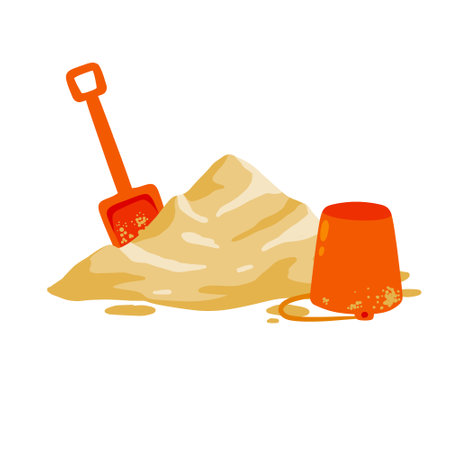 Orange bucket and scoop with pile of sand. Children play on the beach. Shovel of kids. summer holiday. Recreation and entertainment. cartoon flat illustrationのイラスト素材