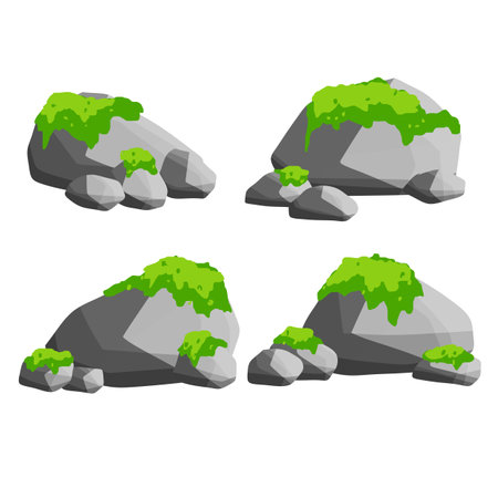 Element of mountain and forest. Set of Rocks with grass or moss for scenery view - cartoon illustrationのイラスト素材