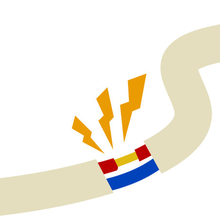 Damaged cable with red wire. Orange lightning and the spark. broken line. faulty electrical appliance. Power safety rule. cartoon flat illustration. Electrical shock, short circuit.のイラスト素材