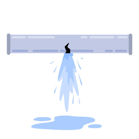 Leak in water pipe. Plumber service. Broken sewer and water supply. Splashes and puddles. crack in tube. flat cartoonのイラスト素材