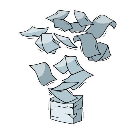 flying paper. blank sheet. Thrown object. white trash. cartoon flat illustration. Stack and pile of documents. office element.のイラスト素材