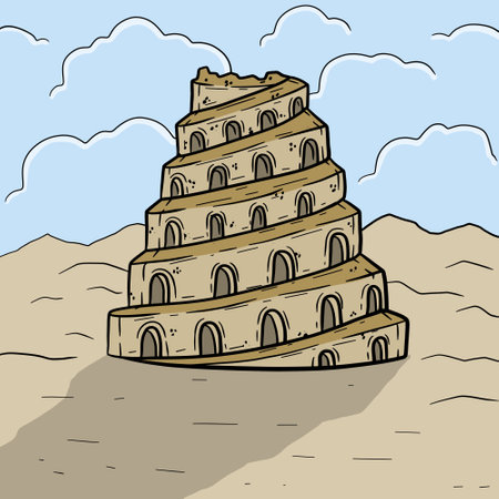 Tower of Babel. Ancient city Babylon of Mesopotamia and Iraq. biblical story. Sumerian civilization. History and archaeology. hand drawn sketch landscapeのイラスト素材
