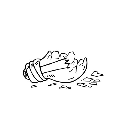 Broken light bulb. crack in lightbulb. Sketch Shards of glass. Concept of idea and solution of problem. Doodle drawn electric light.のイラスト素材