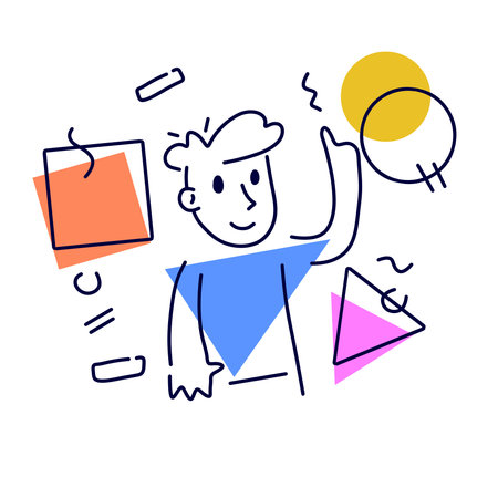 Thoughtful abstract character solves problem. Thoughts and geometric shapes. Man points with finger....