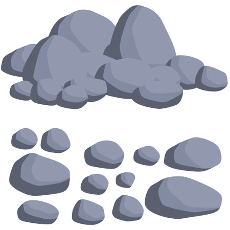Set of stones. Pile of cobblestones. Gray geological minerals. Heavy wall construction material. Large blocksのイラスト素材