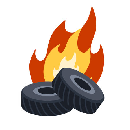 Burning tire. The old wheel. The problem of urban garbage and ecology. Fire and garbage. Flat cartoon isolated on white.のイラスト素材