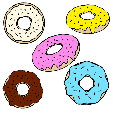 Set of Donut with blue glaze. Collection of Sweet sugar dessert with icing. Outline cartoon illustration isolated on white backgroundのイラスト素材