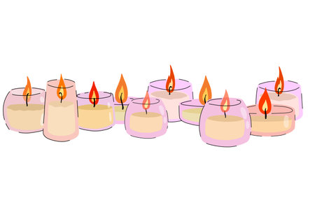 Scented candles in glass jar. Set of Romantic Flame and fire in decorative glass. Doodle cartoon isolated on white backgroundのイラスト素材