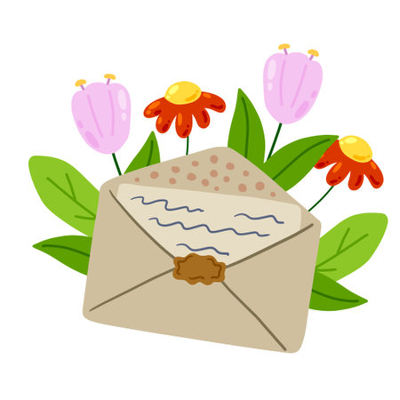 Envelope with letter in craft paper with green plant and flower. greetings and correspondence. handmade sheet with mail. postal invitation. cartoon illustrationのイラスト素材