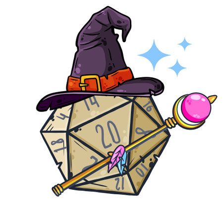 Dice for playing D&D. Tabletop role-playing game Dungeon and dragons with d20. Magical role of sorcerer with witch hat. cartoon illustrationのイラスト素材