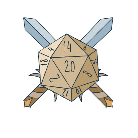 Dice d20 for playing Dnd. Dungeon and dragons board game. Crossed swords of medieval paladin. Adventure cartoon Iconのイラスト素材