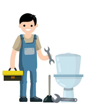 Plumber repairs toilet bowl. Elimination of blockage. cartoon flat illustration. Worker with wrench, Toolbox, plunger. Renovation in the bathroomのイラスト素材