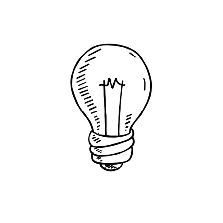 Light bulb. Sketch drawn electric device. Black and white illustration. Cartoon doodle lighting concept and idea. Solution and creativeのイラスト素材