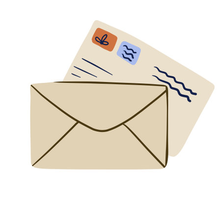 Envelope with letter in craft paper. greetings and correspondence. handmade sheet with mail. postal invitation. cartoon illustrationのイラスト素材