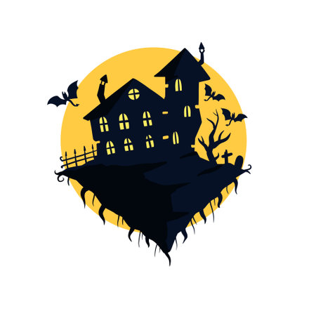 Halloween haunted house isolated on white background. Scary dark silhouette of home or mansion. Cartoon Vector Spooky Illustration. gothic cute townのイラスト素材