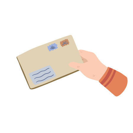 Hand holding letter. Envelope with greeting. Cute illustration of postcrossing. handmade paper. flat cartoonのイラスト素材