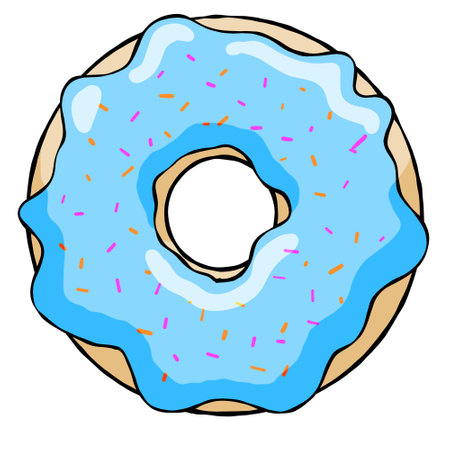 Donut with blue glaze. Sweet sugar dessert with icing. Outline cartoon illustration isolated on white backgroundのイラスト素材