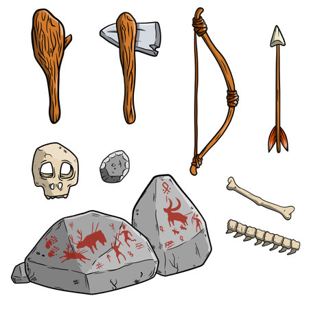 Set of items of primitive man and hunter. Weapons of caveman. Stone age hammer, axe and club. Lifestyle and tool. Cartoon illustrationのイラスト素材