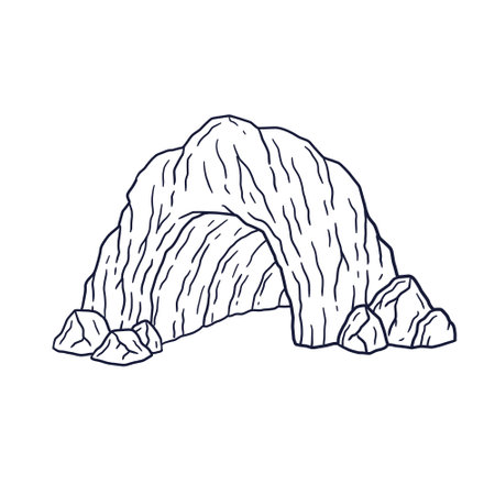 Entrance to cave. Stone mountain with underground dungeon. hand drawn cartoon illustration. natural sceneのイラスト素材