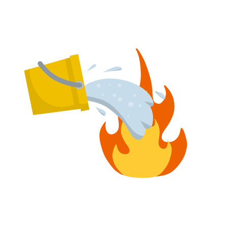 Bucket pour water on fire. Firefighting and spilling with spray. Flat cartoon illustration isolated on white backgroundのイラスト素材