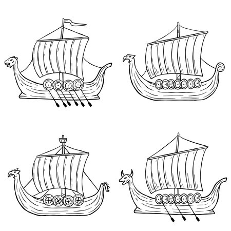 Viking boat. Nordic Drakkar, Swedish warship. Longship with oars. Cartoon scandinavian sailboat for coloring bookのイラスト素材